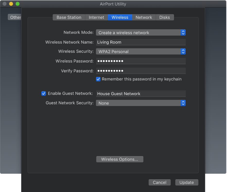 The Wireless pane, showing the Enable Guest Network checkbox.