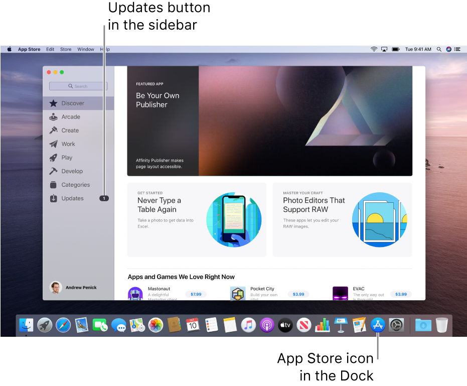 The main App Store window with a callout identifying the Updates button in the sidebar, and another callout identifying the App Store icon in the Dock.