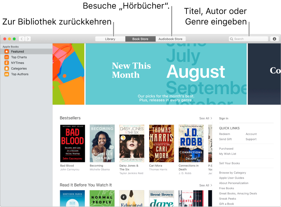 Die Symbolleiste im Book Store. Klicke auf „Bibliothek“, um wieder zur Bibliothek zu gelangen.