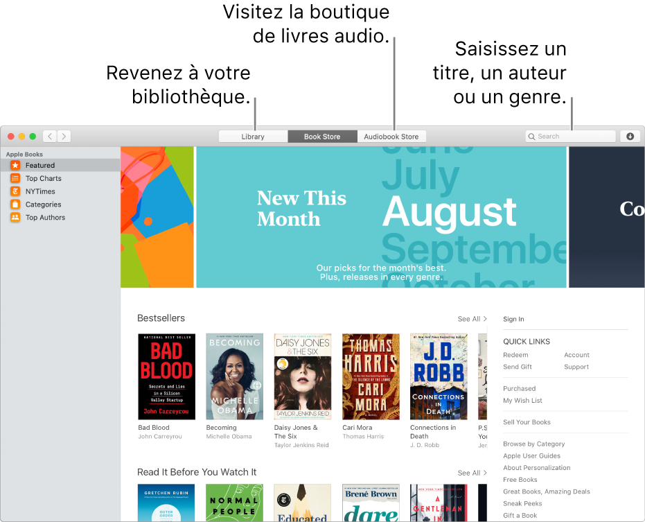 La barre d’outils de la Librairie. Cliquez sur Bibliothèque pour revenir à votre bibliothèque.