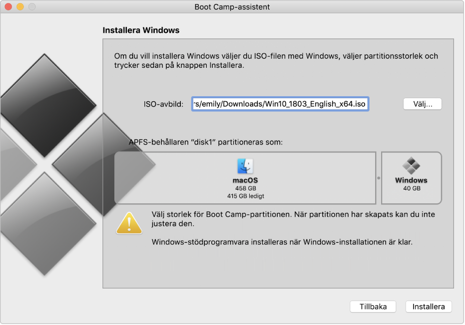 Boot Camp-assistents installationsfönster. Längst ned till höger finns knappen Installera, och till vänster finns knappen Tillbaka.