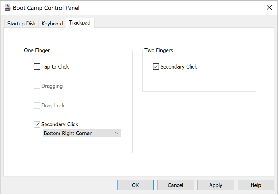 Boot Camp Control Panel showing the Trackpad options panel where you can select the one and two finger gestures you want to use, such as Tap to Click and the Secondary Click location on the trackpad.