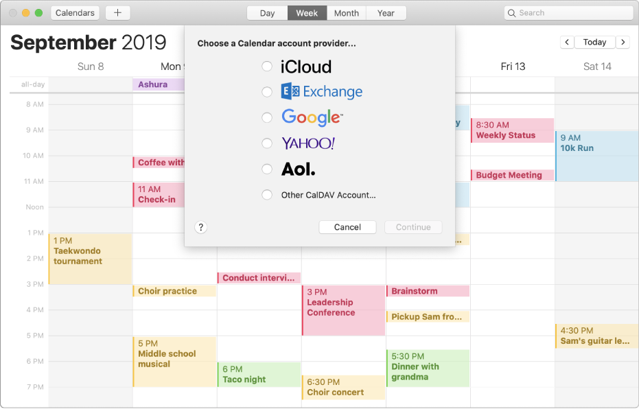 A Calendar window showing the Add Account pane.