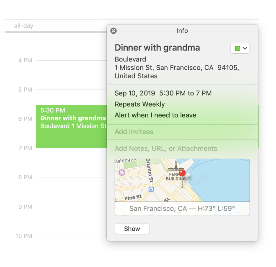 The info window for an event showing the location name and address and a small map.