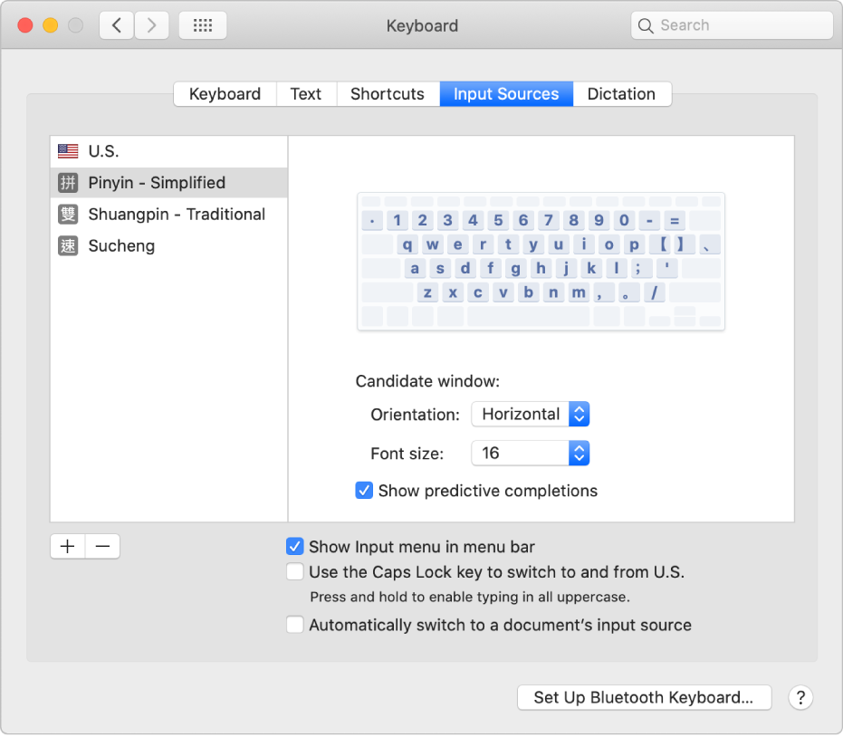 The Input Sources pane of Keyboard preferences, where you can add or remove input sources for different languages (U.S., Pinyin - Simplified, Shuangpin - Traditional, and Sucheng are shown in the list on the left) and choose other options.