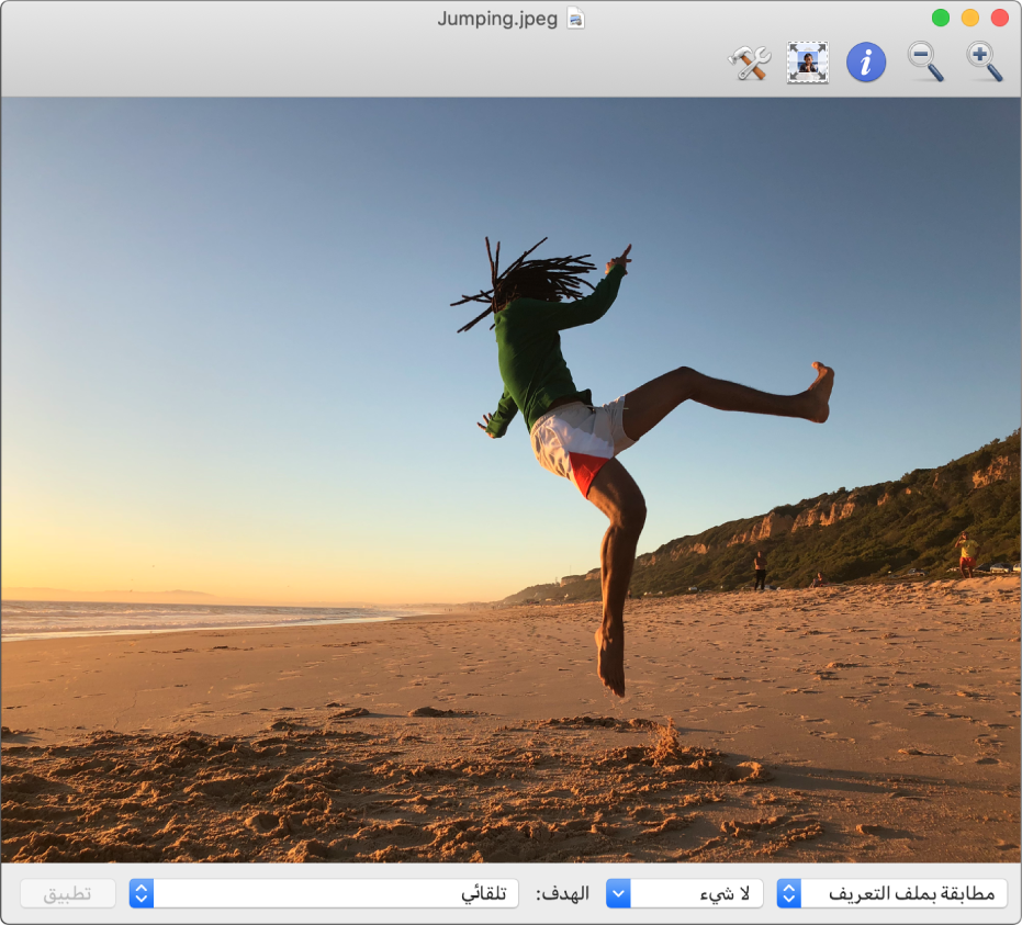 نافذة أداة ColorSync المساعدة تظهر صورة لرجل يقفز في الهواء على الشاطئ.