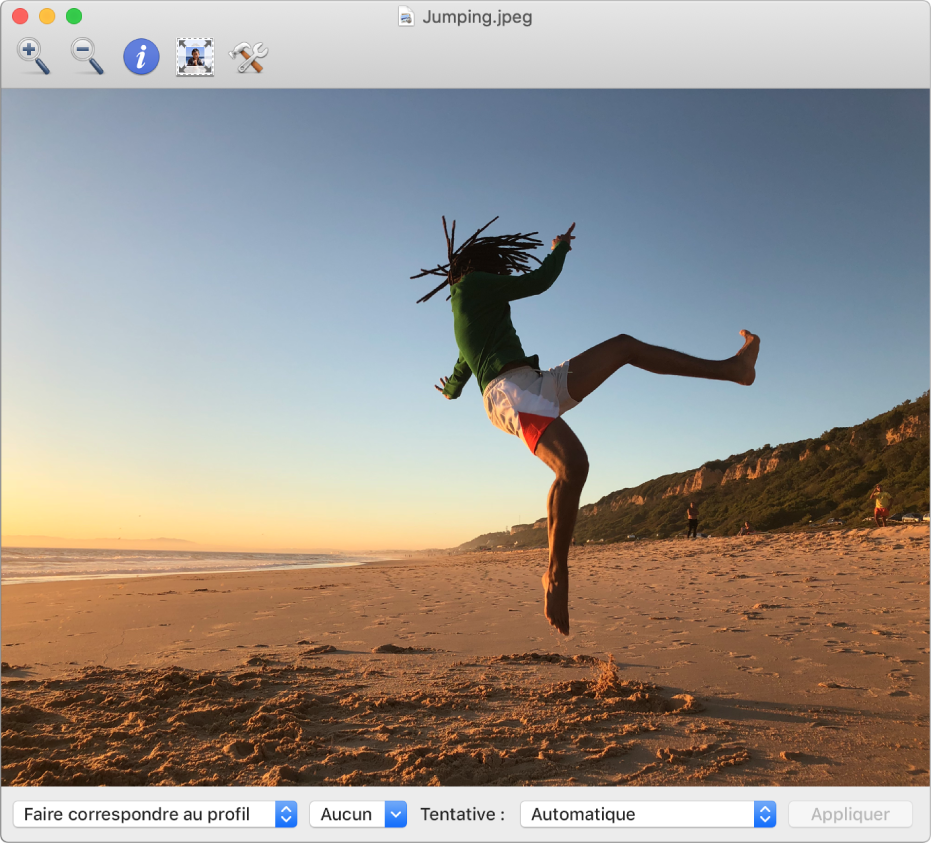 Fenêtre de l’utilitaire ColorSync affichant une image d’homme sautant dans les airs sur une plage.