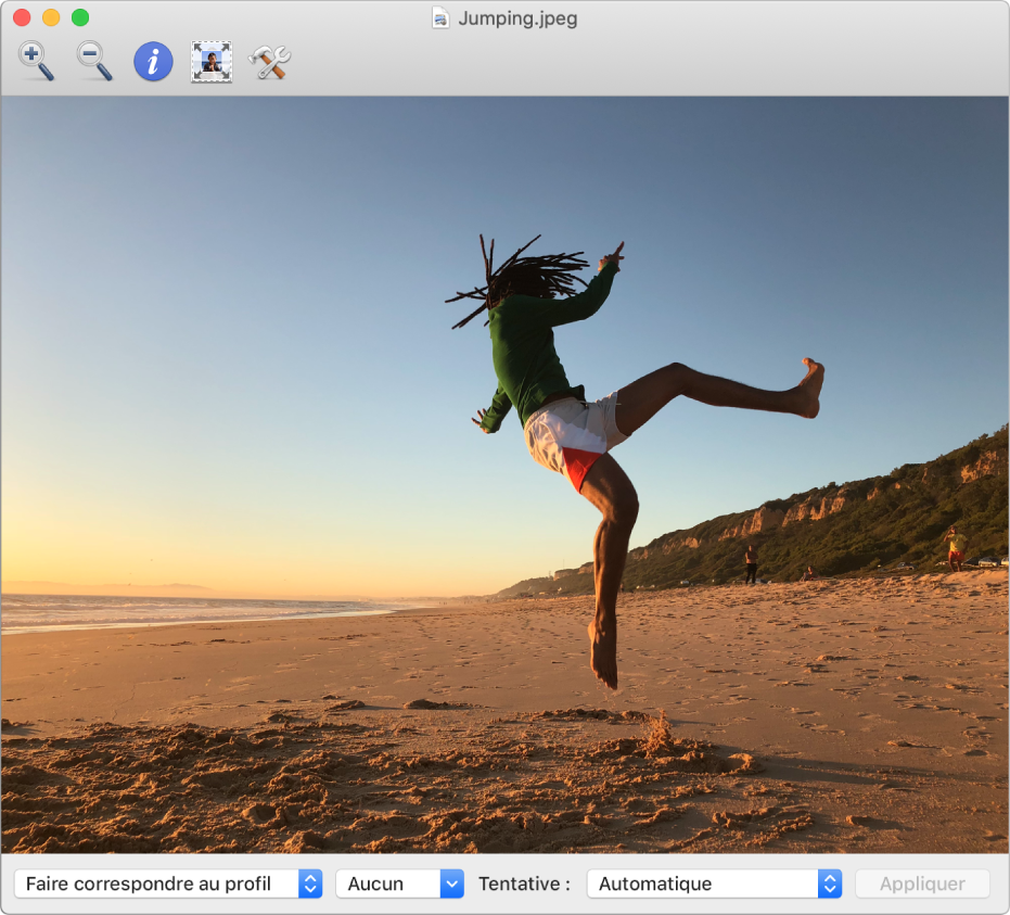 Fenêtre Utilitaire ColorSync affichant l’image d’un homme sautant en l’air sur une plage.