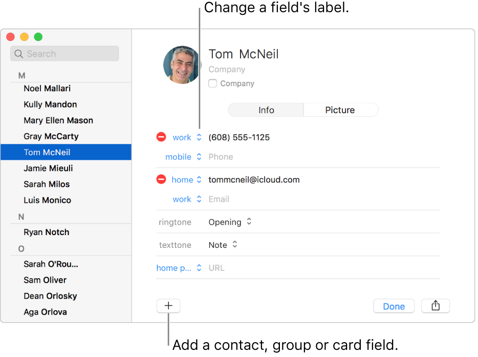 A contact card showing a field label that can be changed and the button at the bottom of the card for adding a contact, group or card field.