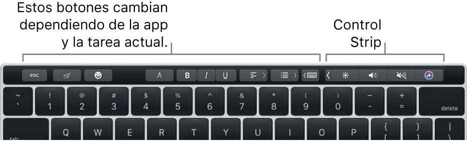 Touch Bar con botones en la izquierda que varían según la app o la tarea y, en la derecha, la Control Strip contraída.