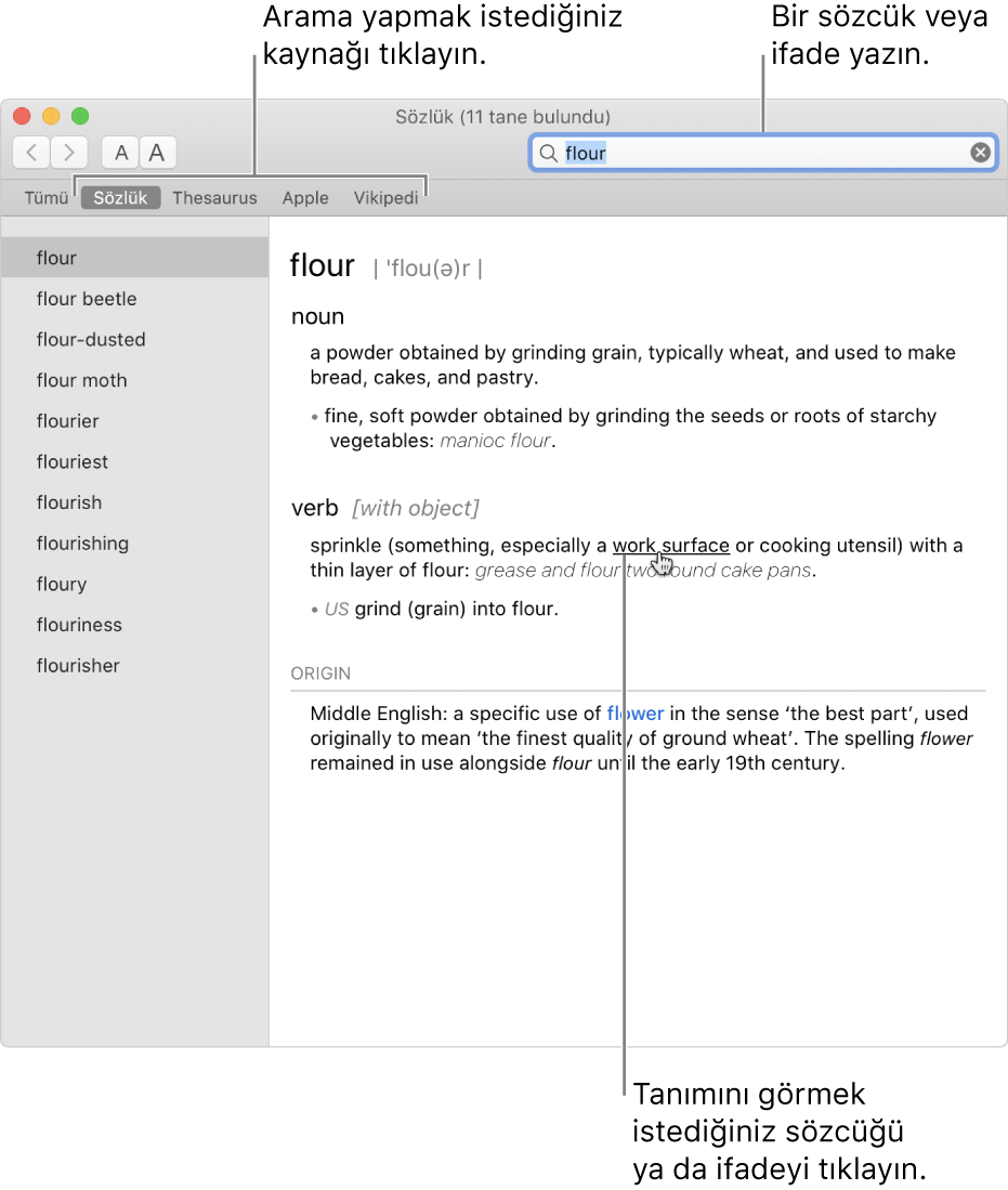 Bir tanım gösteren tam Sözlük penceresi. Tanımda yer alan bir sözcüğün ya da ifadenin tanımını görmek için o sözcüğü ya da ifadeyi tıklayın. Arama yapmak üzere bir kaynak seçmek için araç çubuğunun altındaki kaynak çubuğunda kaynağın adına tıklayın. Arama alanına bir sözcük veya sözcük öbeği yazın.