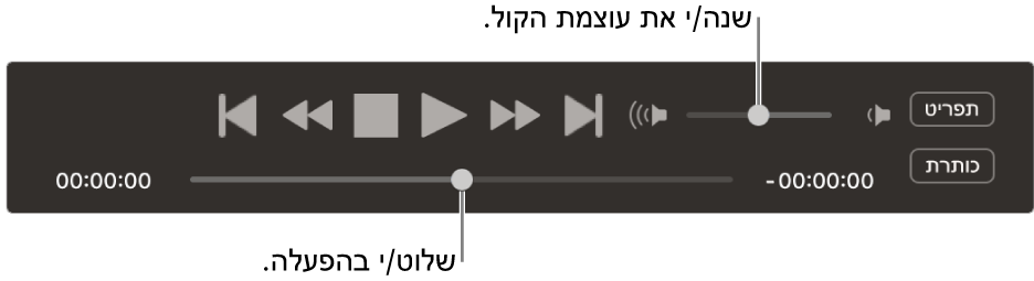 כלי הבקרה של ״נגן ה-DVD״ עם מחוון עוצמת הקול באזור הימני העליון וציר הזמן בתחתית. גרור/י את הסמן על ציר הזמן כדי לעבור למקום אחר.