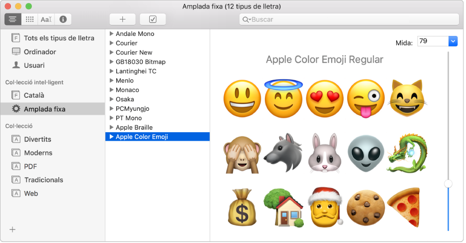 Finestra del Catàleg Tipogràfic que mostra el tipus de lletra Apple Color Emoji.