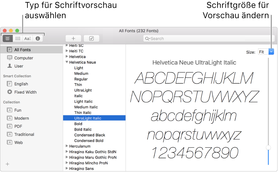 Das Fenster „Schriftsammlung“ mit Tasten oben links zum Auswählen der Schrift in der Schriftvorschau und einem vertikalen Regler ganz rechts zum Ändern der Vorschaugröße