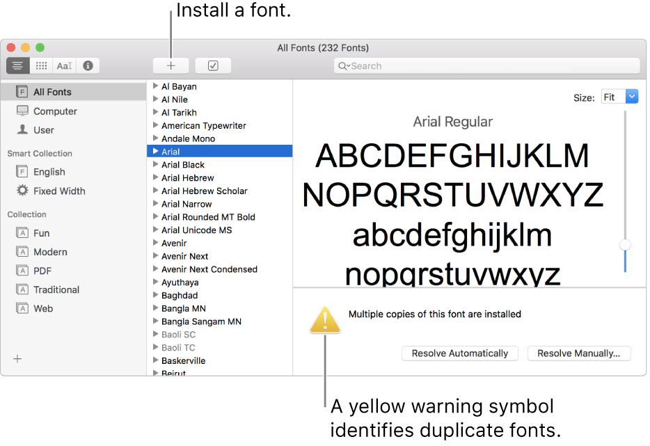 The Font Book window showing the Add button in the toolbar for adding a font and, in the lower-right corner, a yellow warning symbol identifying duplicate fonts.