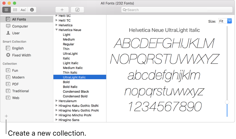 The Font Book window showing the Add button in the lower-left corner to create a new collection, smart collection or library.