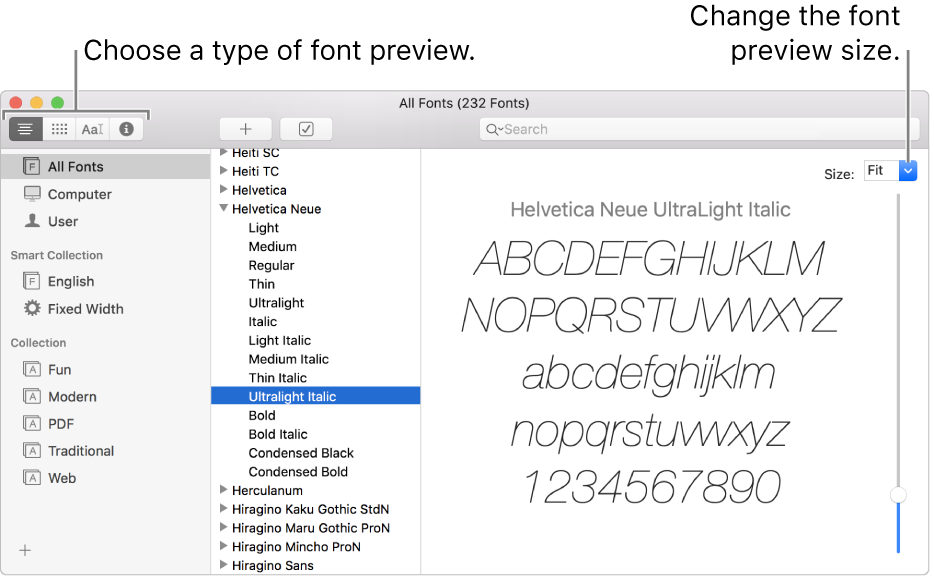The Font Book window showing buttons in the top left for choosing the type of font preview, and a vertical slider on the far right for changing the preview size.
