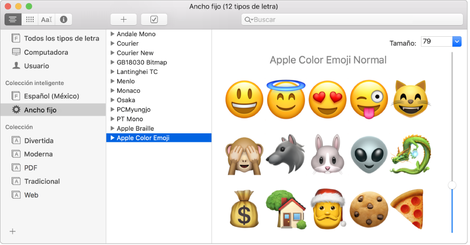 Ventana de Catálogo Tipográfico mostrando el tipo de letra Apple Color Emoji.