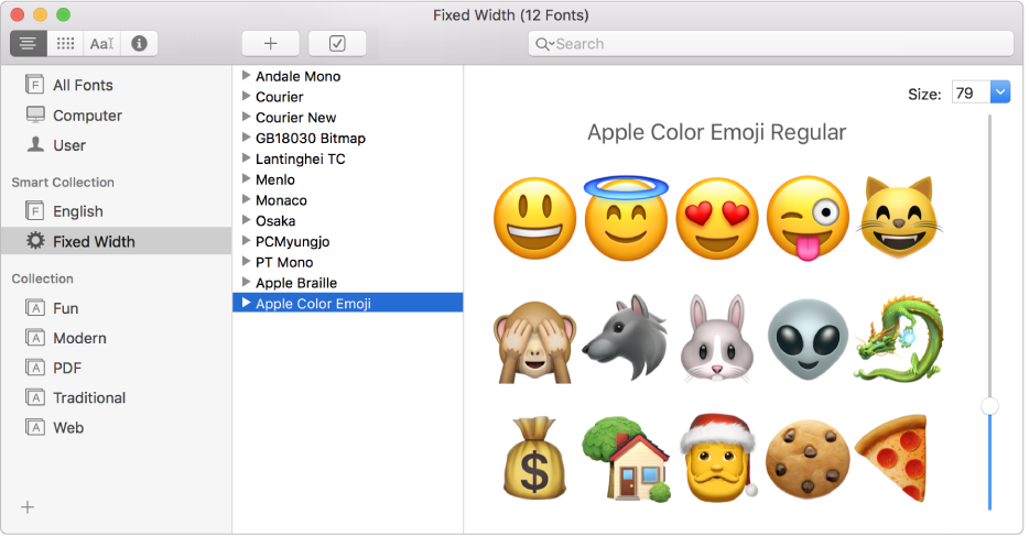 La fenêtre Livre des polices affichant la police Apple Color Emoji.