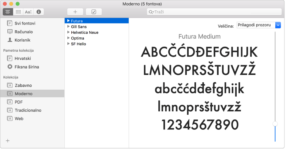 Prozor Knjige fontova koji prikazuje kolekciju fontova Moderno.