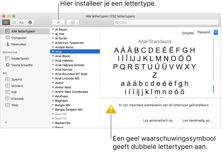 Het venster van Lettertypecatalogus met in de knoppenbalk de plusknop waarmee je lettertypen kunt toevoegen. Een geel waarschuwingssymbool linksonderin geeft aan dat er dubbele lettertypen zijn.