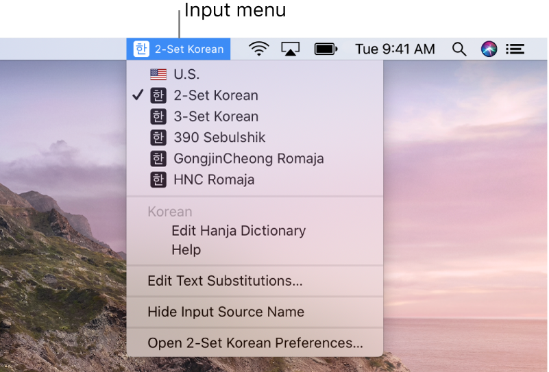 The Input menu showing 2-Set Korean selected in the list of languages. At the bottom of the menu is the Open 2-Set Korean Preferences option.