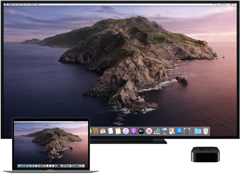Mac, HDTV a Apple TV nastavené pro AirPlay zrcadlení.