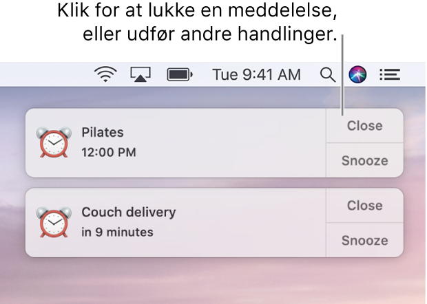 Meddelelser fra programmet Kalender i skærmens øverste højre hjørne.