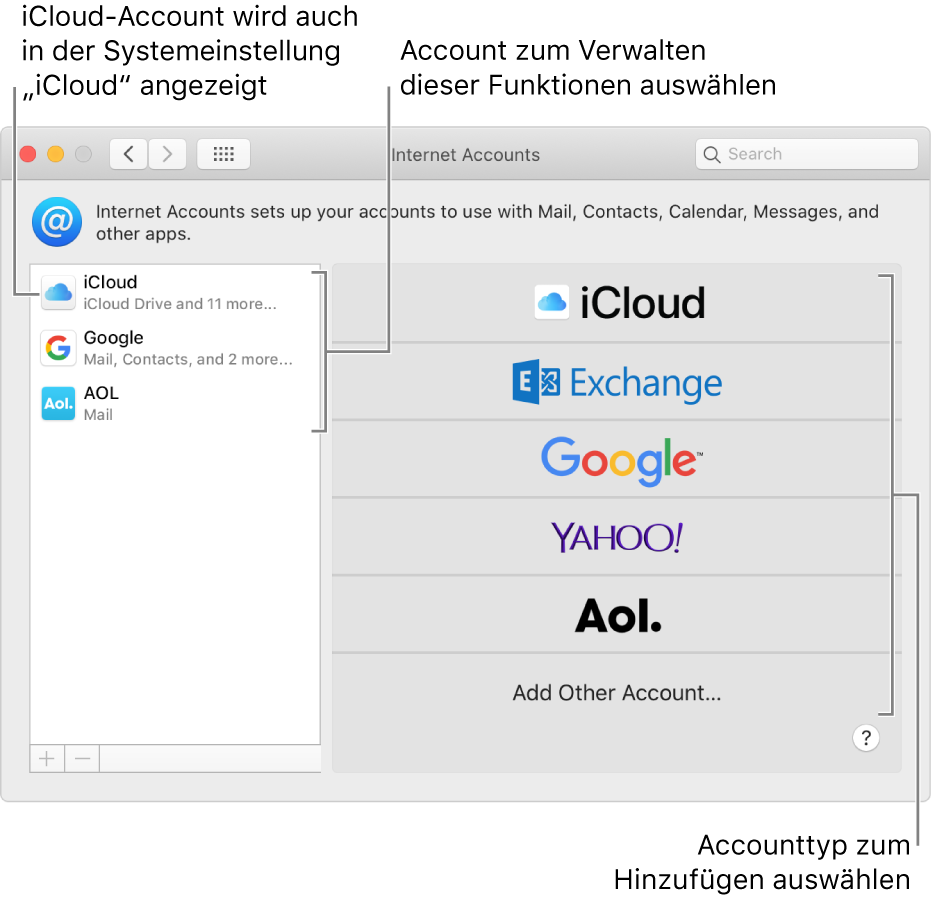 Systemeinstellung „Internetaccounts“ mit Accounts rechts und den verfügbaren Accounttypen links