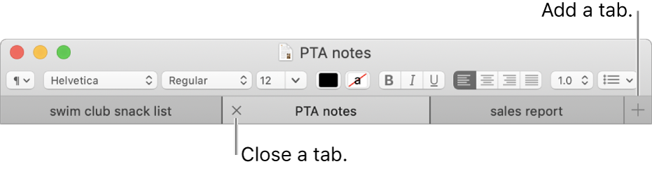 A TextEdit window with three tabs in the tab bar, located below the formatting bar. One tab shows the Close button. The Add button is located at the right end of the tab bar.