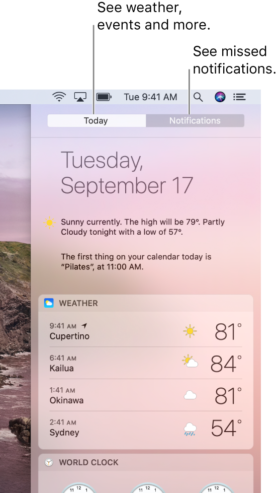 Today view showing weather in three locations. Click the Notifications tab to see missed notifications.