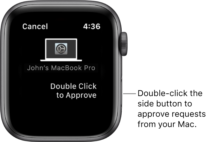 Apple Watch showing an approval request from a MacBook Pro.