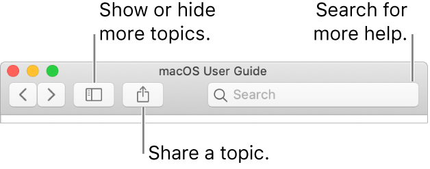 A help window showing the button in the toolbar to click to hide or show the Table of Contents, the button to share a topic and the search field to search for topics.