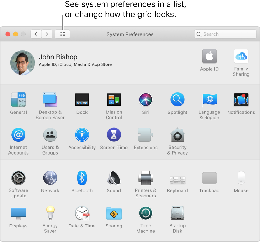 System Preferences window showing the grid of icons. Click the Show All button in the window’s toolbar to see system preferences as a list, or change how the grid looks.