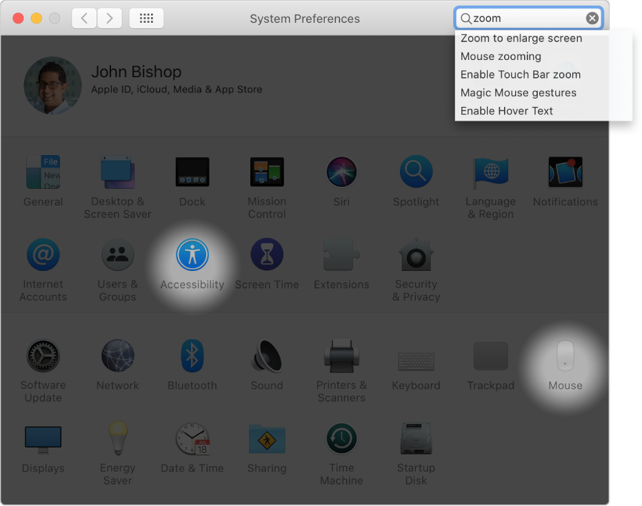 System preferences window showing “zoom” in the search field, a list of matching search results below the search field, and three preference icons highlighted.