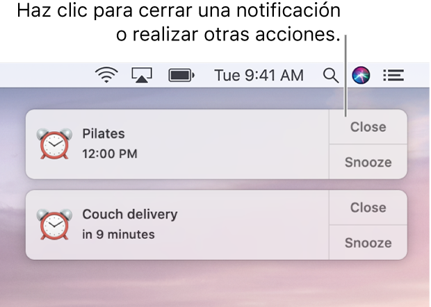 Notificaciones de la app Calendario en la esquina derecha superior de la pantalla.