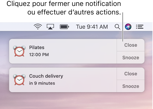 Des notifications de l’app Calendrier dans le coin supérieur droit de l’écran.