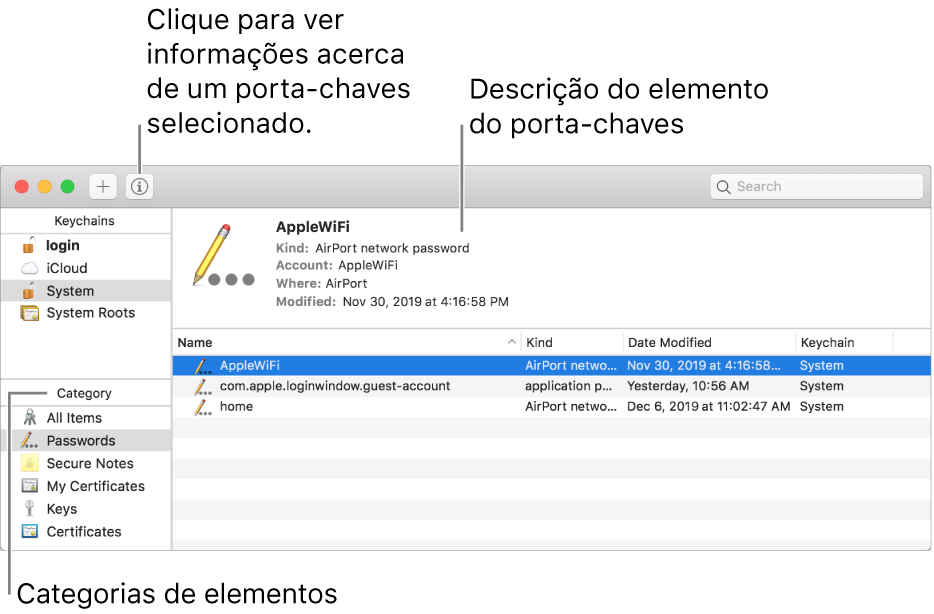 As principais áreas da janela Acesso a Porta-chaves: A lista de categorias, a lista de elementos do porta-chaves e uma descrição de um elemento do porta-chaves.
