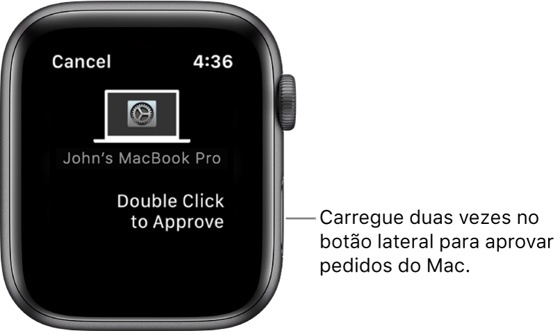 O Apple Watch a mostrar um pedido de aprovação de um MacBook Pro.