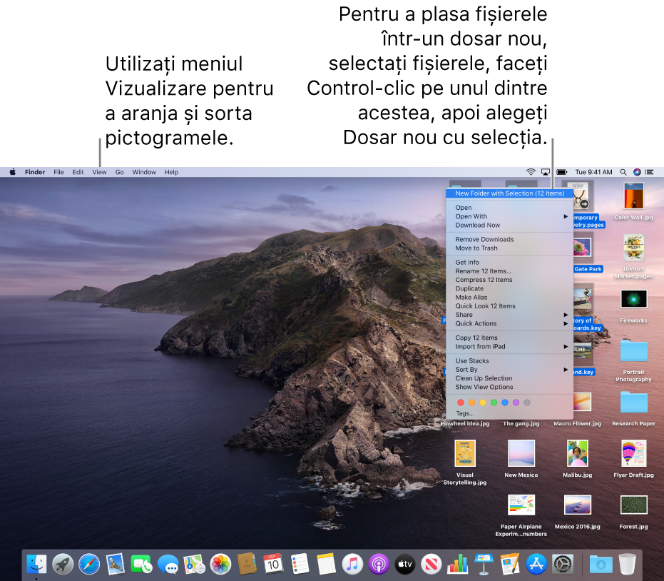 Exemplu de desktop cu fișiere. Utilizați meniul Vizualizare, în partea din stânga sus a ecranului, pentru a grupa și sorta pictograme. Puteți organiza fișiere pe desktop – pentru a le plasa într-un dosar nou, selectați fișierele, faceți Control-clic pe unul dintre ele, apoi alegeți Dosar nou cu selecția.