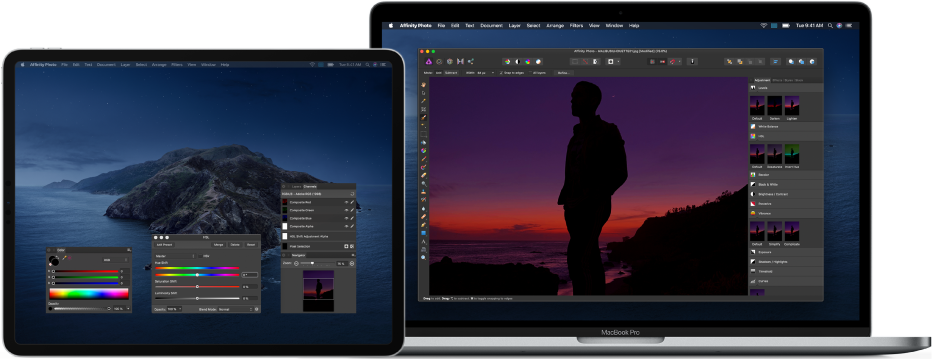 MacBook Pro bên cạnh iPad Pro. Máy Mac có màn hình nền hiển thị cửa sổ chính của ứng dụng để sửa ảnh, và iPad hiển thị các cửa sổ đang mở khác từ ứng dụng cho các tác vụ sửa ảnh phức tạp.