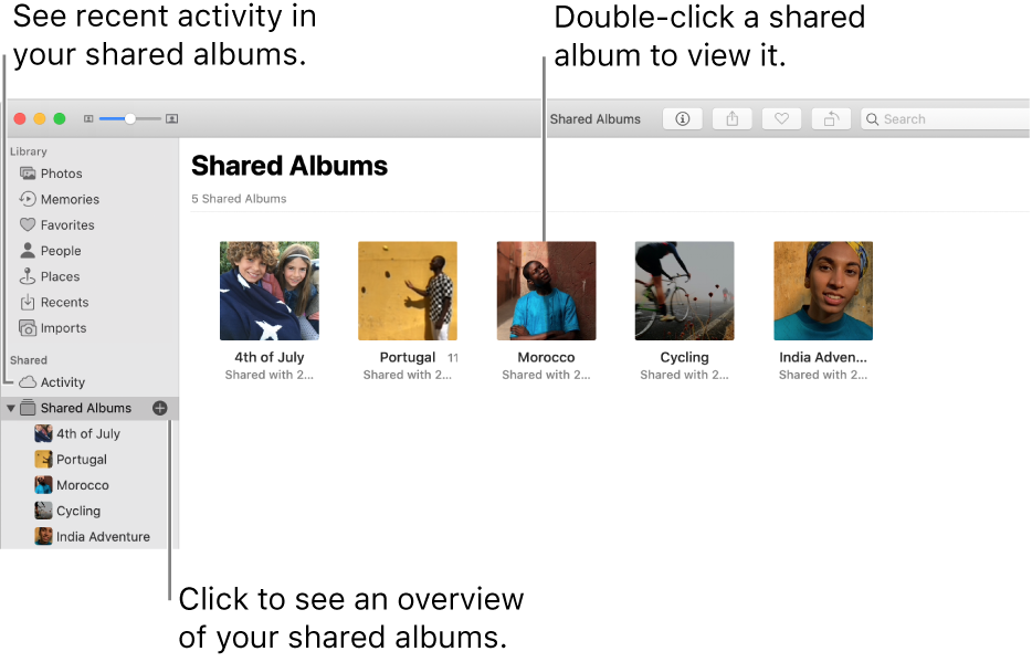 The Shared Albums pane of the Photos window, showing shared albums.