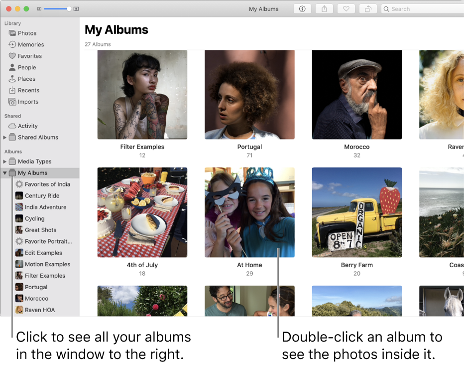 The Photos window with My Albums selected in the sidebar, and the albums you’ve created displayed in the window to the right.