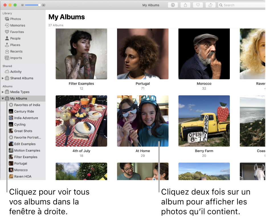 La fenêtre Photos avec Mes Albums sélectionné dans la barre latérale, et les albums que vous avez créés affichés dans la fenêtre de droite.