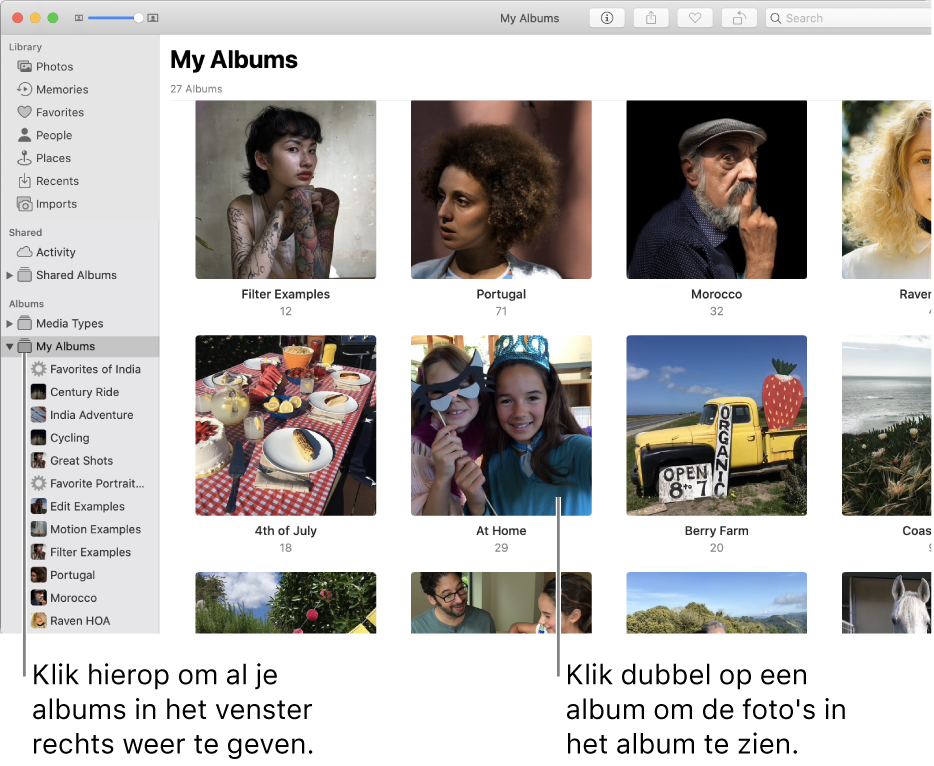 Het Foto's-venster met 'Mijn albums' geselecteerd in de navigatiekolom en de albums die je hebt aangemaakt in het venster aan de rechterkant.