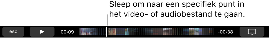 De afspeelregelaars in de Touch Bar. Links staat de knop voor afspelen/pauzeren; daarnaast staat de afspeelkop, die je kunt slepen om naar een specifiek punt in het bestand te gaan. Links van de afspeelkop staat de verstreken tijd en rechts staat de resterende tijd.