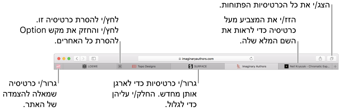 החלון של Safari עם כרטיסיות.