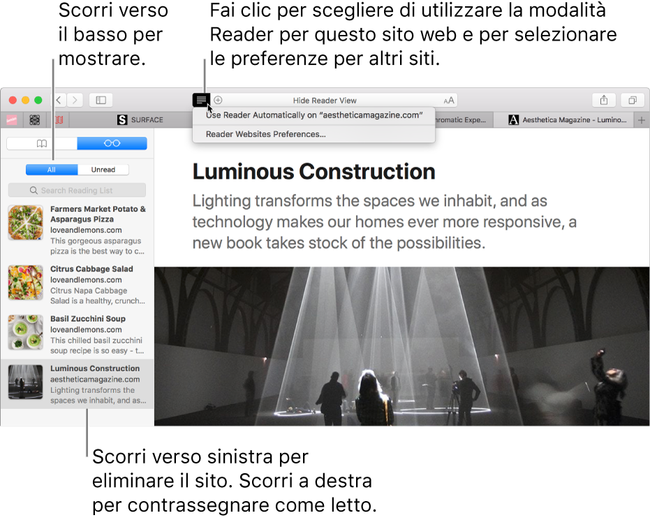 Una finestra di Safari con “Elenco lettura”.
