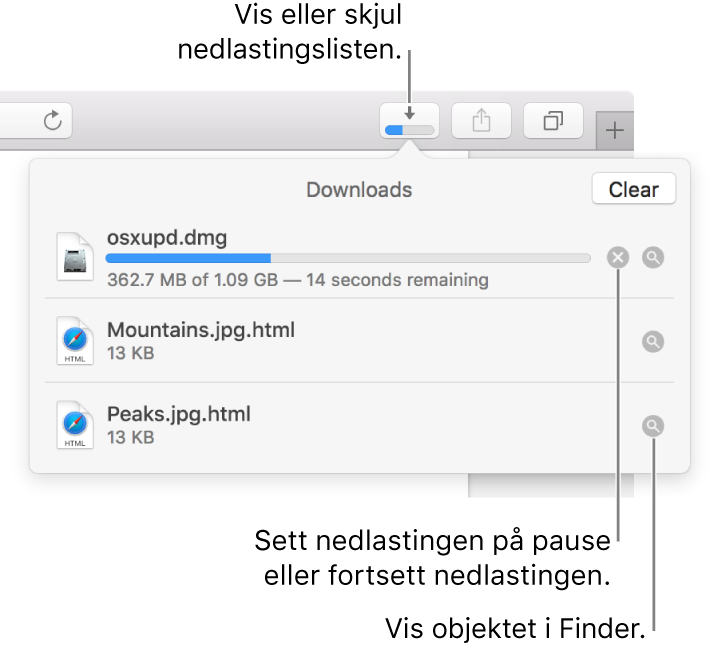 Nedlastinger-knappen i verktøylinjen og nedlastingslisten nedenfor.
