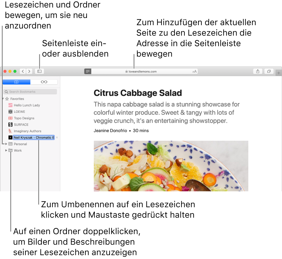 Ein Safari-Fenster mit Lesezeichen in der Seitenleiste und einem zur Bearbeitung ausgewählten Lesezeichen.